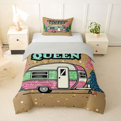 Erosebridal Camper Duvet Cover Set Glittery Camp Travel Car Girl Toddler Bedding Set for Young Boys Abstract Sparkly Comforter Cover Glitter Effect is Printed Bed Sets, Room Decor Aesthetic in Kuwait