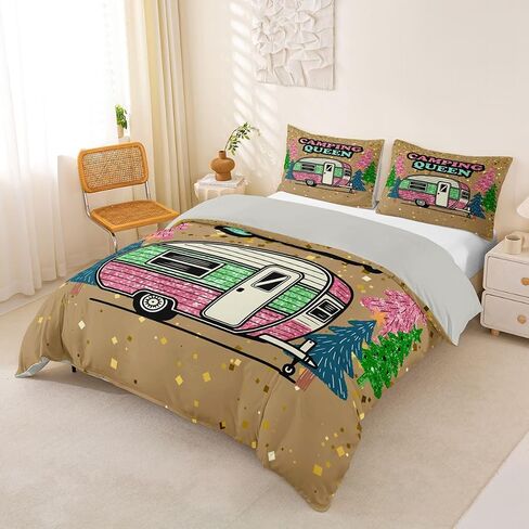Erosebridal Camper Duvet Cover Set Glittery Camp Travel Car Girl Toddler Bedding Set for Young Boys Abstract Sparkly Comforter Cover Glitter Effect is Printed Bed Sets, Room Decor Aesthetic in Kuwait