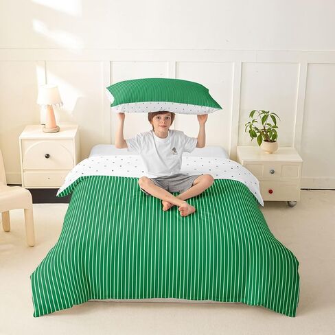 Feelyou Green Stripes Duvet Cover Toddler Size Modern Farmhouse Bedding Set for Boys Girls Geometric Comforter Cover Bedroom Decor 2Pcs in Kuwait