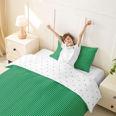 Feelyou Green Stripes Duvet Cover Toddler Size Modern Farmhouse Bedding Set for Boys Girls Geometric Comforter Cover Bedroom Decor 2Pcs in Kuwait