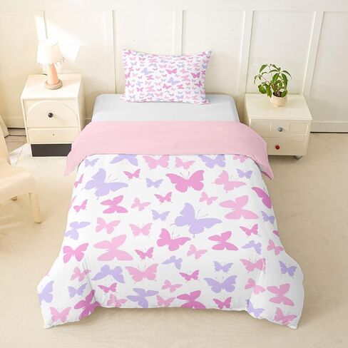 Erosebridal Butterfly Toddler Duvet Cover Colorful Butterfly Pattern Comforter Cover Boho Aesthetics Animals Bedding Set Purple Pink Butterflies Quilt Cover for Kids in Kuwait