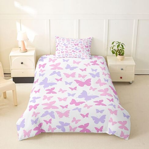 Erosebridal Butterfly Toddler Duvet Cover Colorful Butterfly Pattern Comforter Cover Boho Aesthetics Animals Bedding Set Purple Pink Butterflies Quilt Cover for Kids in Kuwait