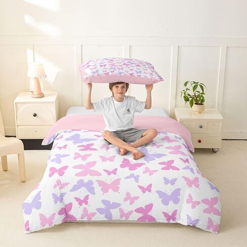 Erosebridal Butterfly Toddler Duvet Cover Colorful Butterfly Pattern Comforter Cover Boho Aesthetics Animals Bedding Set Purple Pink Butterflies Quilt Cover for Kids in Kuwait