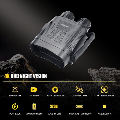 Night Vision Goggles - 4K Night Vision Binoculars for Adults mit 32GB TFT Card 2700FT IR/2000mAh, 2.8'' HD Screen, 7 Gear Infrared and 10X Digital Zoom for Outdoor Enthusiasts and Animal Watchers in Kuwait