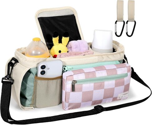 Universal Stroller Organizer with Insulated Cup Holders and Detachable Phone Bag,Stroller Caddy Fits for Stroller Accessories like Uppababy, Baby Jogger, Doona, Nuna Stroller (Green Square grid) in Kuwait