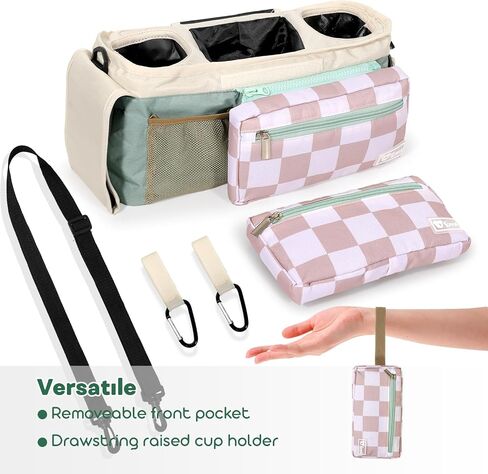 Universal Stroller Organizer with Insulated Cup Holders and Detachable Phone Bag,Stroller Caddy Fits for Stroller Accessories like Uppababy, Baby Jogger, Doona, Nuna Stroller (Green Square grid) in Kuwait