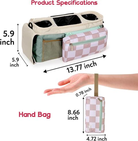 Universal Stroller Organizer with Insulated Cup Holders and Detachable Phone Bag,Stroller Caddy Fits for Stroller Accessories like Uppababy, Baby Jogger, Doona, Nuna Stroller (Green Square grid) in Kuwait