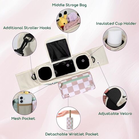 Universal Stroller Organizer with Insulated Cup Holders and Detachable Phone Bag,Stroller Caddy Fits for Stroller Accessories like Uppababy, Baby Jogger, Doona, Nuna Stroller (Green Square grid) in Kuwait