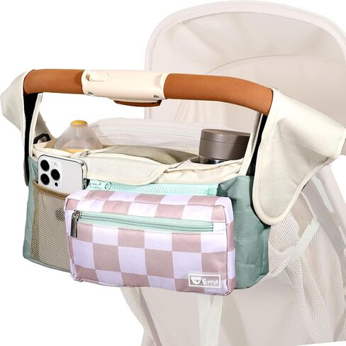 Universal Stroller Organizer with Insulated Cup Holders and Detachable Phone Bag,Stroller Caddy Fits for Stroller Accessories like Uppababy, Baby Jogger, Doona, Nuna Stroller (Green Square grid) in Kuwait