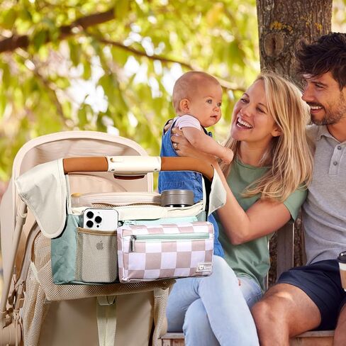 Universal Stroller Organizer with Insulated Cup Holders and Detachable Phone Bag,Stroller Caddy Fits for Stroller Accessories like Uppababy, Baby Jogger, Doona, Nuna Stroller (Green Square grid) in Kuwait