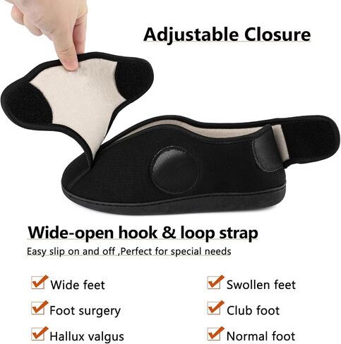 Women's Wide Diabetic Slippers Adjustable Hook and Loop Memory Foam Arthritis Edema Swollen Feet House Shoes Comfortable Breathable Indoor/Outdoor Slip On Slippers Black EU42/US11 in Kuwait