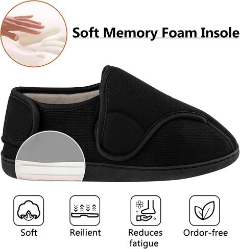 Women's Wide Diabetic Slippers Adjustable Hook and Loop Memory Foam Arthritis Edema Swollen Feet House Shoes Comfortable Breathable Indoor/Outdoor Slip On Slippers Black EU42/US11 in Kuwait
