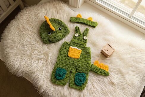 Newborn Photography Props, Knit Dinosaur Outfit | Newborn photography outfit, Dinosaur theme, knit construction, overalls, hat included, headband included, 0-1 Month in Kuwait