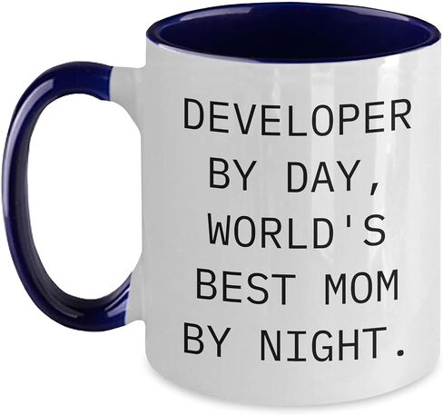 Developer By Day World's Best Mom By Night Funny Two Tone Coffee Mug Gifts from Mom to Developer on Birthday in Kuwait