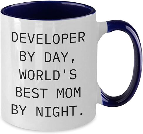 Developer By Day World's Best Mom By Night Funny Two Tone Coffee Mug Gifts from Mom to Developer on Birthday in Kuwait