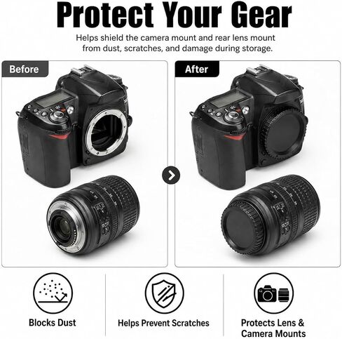 Front Body Cap and Rear Lens Cap Cover for Nikon D7500 D7200 D7100 D7000 D5600 D5300 D5200 D5100 D3500 D3400 D3300 D3200 D3100 D850 D810 D800 D750 D600 D90 D80 More Nikon F Mount DSLR and Lens in Kuwait