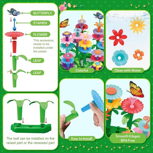 YEEBAY Flower Garden Building Toys for Girls Age 3, 4, 5, 6, 7 Year Old - STEM Gardening Toys for Kids - Stacking Game for Toddlers Play Set - Educational Activity for Preschool (148 PCS) | Flower Stacking Toy with Washable Pieces, Portable Box and Gift P in Kuwait