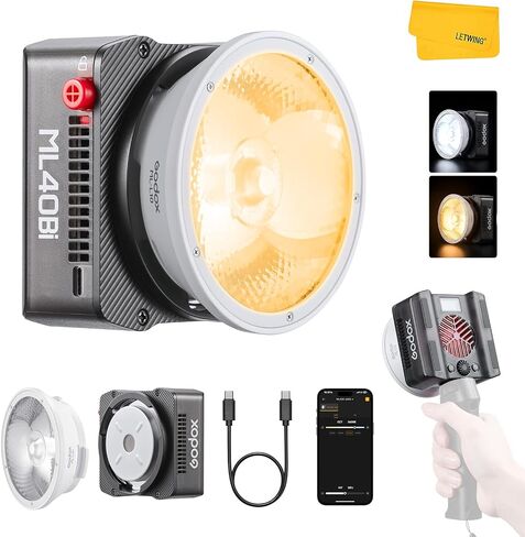 Godox ML40Bi Mini COB Video Light 40W, 26400lux@1m, Handheld Portable Bi-Color COB LED Continuous Output Lighting w/Built-in 4800mAh Battery, CRI/TLCI 96+ 0-100%, 11FX, NFC APP Photography Spotlight in Kuwait