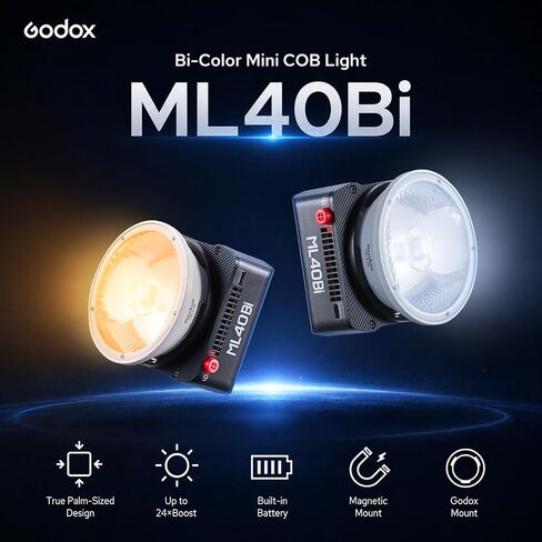 Godox ML40Bi Mini COB Video Light 40W, 26400lux@1m, Handheld Portable Bi-Color COB LED Continuous Output Lighting w/Built-in 4800mAh Battery, CRI/TLCI 96+ 0-100%, 11FX, NFC APP Photography Spotlight in Kuwait