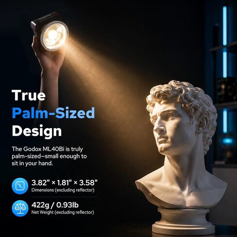 Godox ML40Bi Mini COB Video Light 40W, 26400lux@1m, Handheld Portable Bi-Color COB LED Continuous Output Lighting w/Built-in 4800mAh Battery, CRI/TLCI 96+ 0-100%, 11FX, NFC APP Photography Spotlight in Kuwait