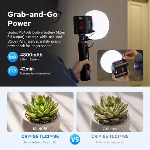 Godox ML40Bi Mini COB Video Light 40W, 26400lux@1m, Handheld Portable Bi-Color COB LED Continuous Output Lighting w/Built-in 4800mAh Battery, CRI/TLCI 96+ 0-100%, 11FX, NFC APP Photography Spotlight in Kuwait