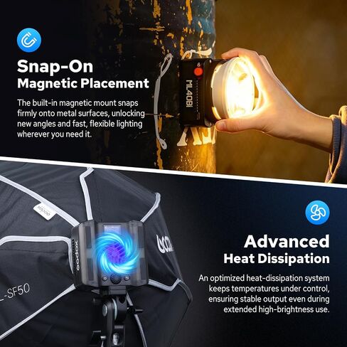 Godox ML40Bi Mini COB Video Light 40W, 26400lux@1m, Handheld Portable Bi-Color COB LED Continuous Output Lighting w/Built-in 4800mAh Battery, CRI/TLCI 96+ 0-100%, 11FX, NFC APP Photography Spotlight in Kuwait