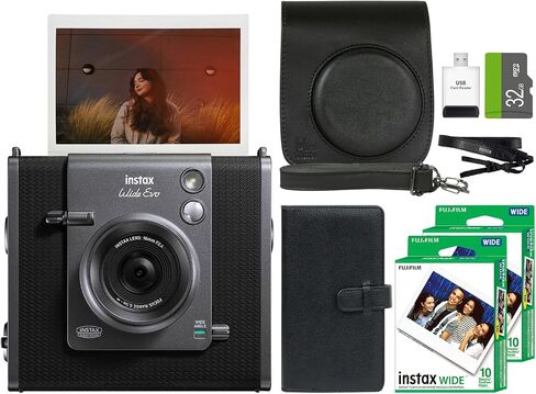 FUJIFILM INSTAX Wide EVO Hybrid Instant Camera + Fuji Instax Film 20 Sheet + Custom Case & Album 32GB Micro SD Memory Card Accessory Bundle in Kuwait