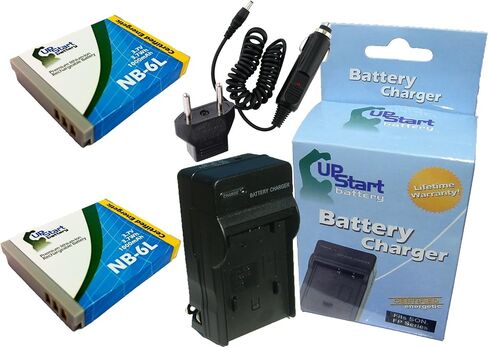 2X Battery for Canon NB-6L + Charger Kit SX500 | Charger with Car & EU Adapters - Compatible with Canon NB-6L Digital Camera Battery & Charger (1000mAh, 3.7V, Li-Ion) in Kuwait