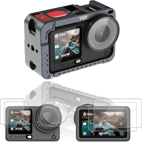 Camera Cage for DJI Osmo Action 6, Aluminum Alloy Protective Frame with Cold Shoe and 1/4" Screw, Magnetic Quick Release, 2 Sets Tempered Glass Screen Protector, Action 6 Accessories in Kuwait