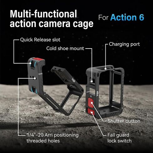 Camera Cage for DJI Osmo Action 6, Aluminum Alloy Protective Frame with Cold Shoe and 1/4" Screw, Magnetic Quick Release, 2 Sets Tempered Glass Screen Protector, Action 6 Accessories in Kuwait