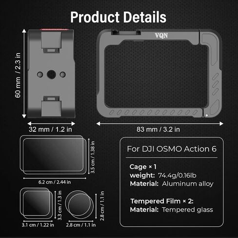 Camera Cage for DJI Osmo Action 6, Aluminum Alloy Protective Frame with Cold Shoe and 1/4" Screw, Magnetic Quick Release, 2 Sets Tempered Glass Screen Protector, Action 6 Accessories in Kuwait