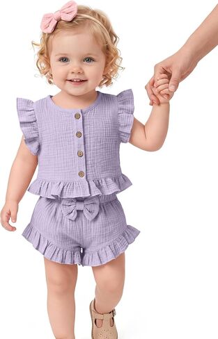 Toddler Girls' 2 Piece Outfits Cotton Ruffle | Sleeveless, Ruffle Trim, Bloomers Shorts Set, Front Bowknot, Soft Cotton Fabric, Cute Summer Outfit, Daily Wear in Kuwait
