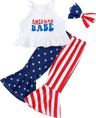 Toddler Girls 4th of July Outfits USA Flag Stripes Sleeveless Bottoms Flared Pants Set Independence Day Clothes in Kuwait