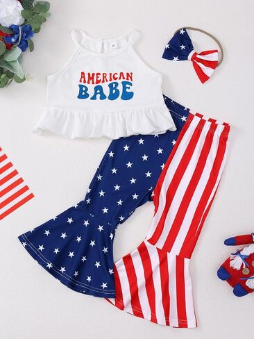 Toddler Girls 4th of July Outfits USA Flag Stripes Sleeveless Bottoms Flared Pants Set Independence Day Clothes in Kuwait