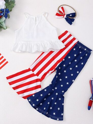 Toddler Girls 4th of July Outfits USA Flag Stripes Sleeveless Bottoms Flared Pants Set Independence Day Clothes in Kuwait