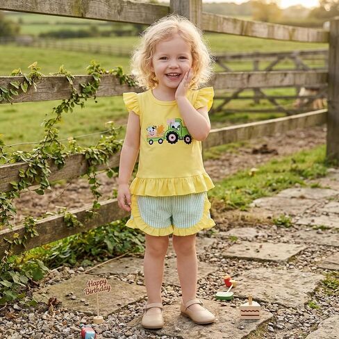 Toddler Baby Girl Farm Outfit Animal Tractor Embroidery Flutter Sleeve Shirt Top Striped Ruffle Shorts Summer Set in Kuwait
