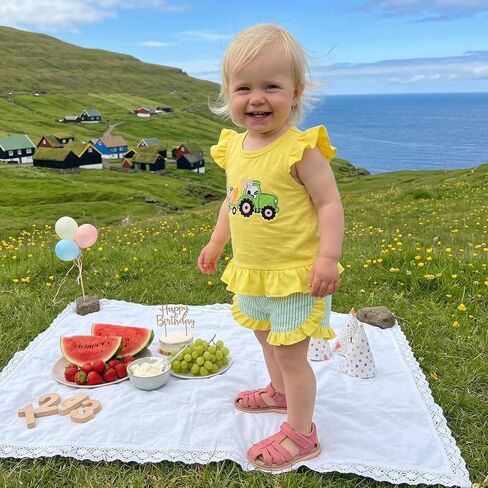 Toddler Baby Girl Farm Outfit Animal Tractor Embroidery Flutter Sleeve Shirt Top Striped Ruffle Shorts Summer Set in Kuwait