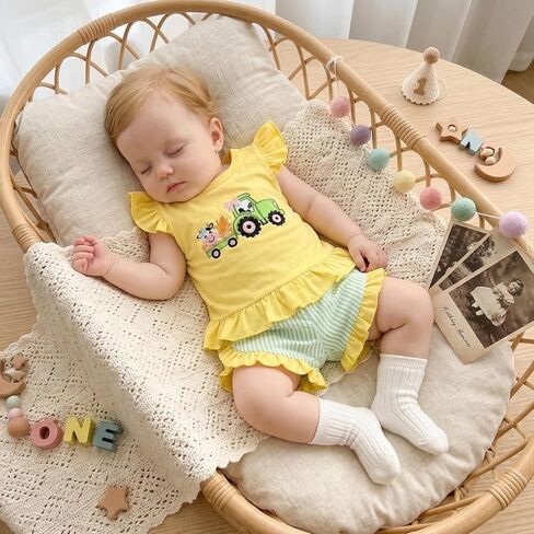 Toddler Baby Girl Farm Outfit Animal Tractor Embroidery Flutter Sleeve Shirt Top Striped Ruffle Shorts Summer Set in Kuwait