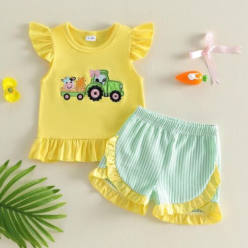 Toddler Baby Girl Farm Outfit Animal Tractor Embroidery Flutter Sleeve Shirt Top Striped Ruffle Shorts Summer Set in Kuwait
