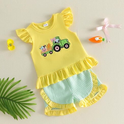 Toddler Baby Girl Farm Outfit Animal Tractor Embroidery Flutter Sleeve Shirt Top Striped Ruffle Shorts Summer Set in Kuwait