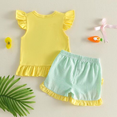 Toddler Baby Girl Farm Outfit Animal Tractor Embroidery Flutter Sleeve Shirt Top Striped Ruffle Shorts Summer Set in Kuwait