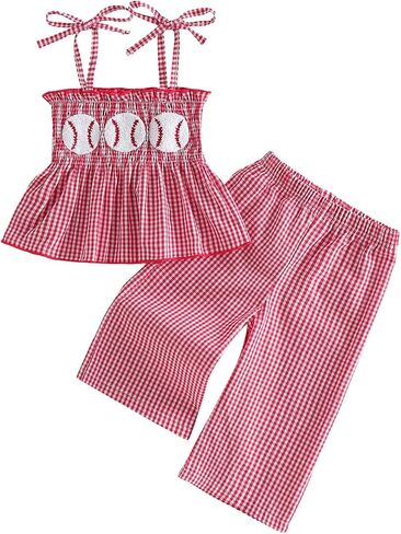Toddler Baby Girl Baseball Outfit Plaid Smocked Tops Pants Summer Clothes in Kuwait