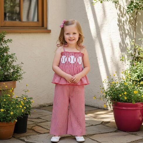 Toddler Baby Girl Baseball Outfit Plaid Smocked Tops Pants Summer Clothes in Kuwait