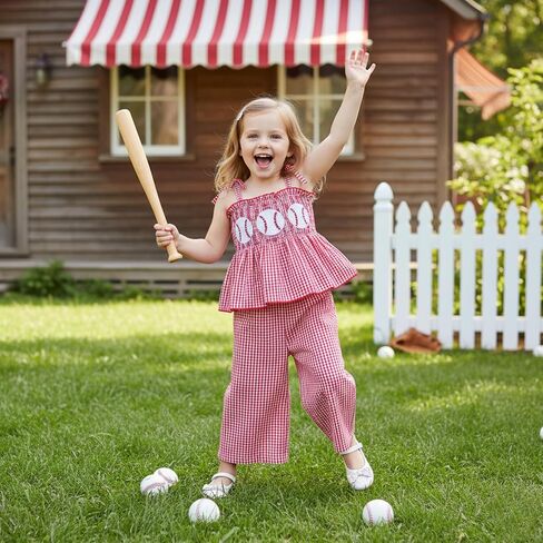 Toddler Baby Girl Baseball Outfit Plaid Smocked Tops Pants Summer Clothes in Kuwait