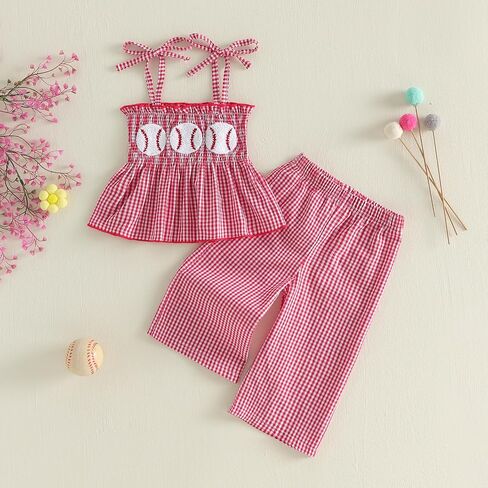 Toddler Baby Girl Baseball Outfit Plaid Smocked Tops Pants Summer Clothes in Kuwait