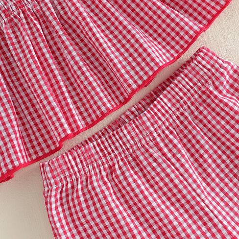 Toddler Baby Girl Baseball Outfit Plaid Smocked Tops Pants Summer Clothes in Kuwait
