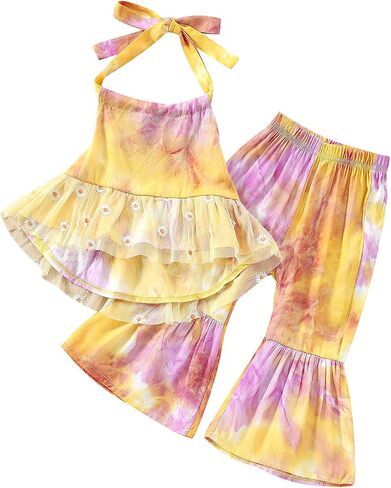 Toddler Baby Girl Summer Outfit Tie Dye Sleeveless Strap Top Dress Bell Bottoms Flare Pants 2Pcs Clothes Set in Kuwait