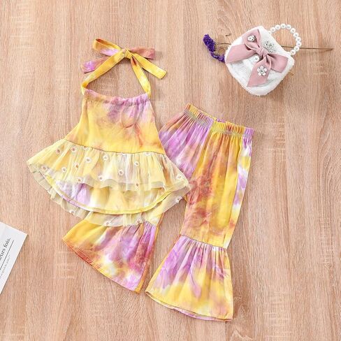 Toddler Baby Girl Summer Outfit Tie Dye Sleeveless Strap Top Dress Bell Bottoms Flare Pants 2Pcs Clothes Set in Kuwait