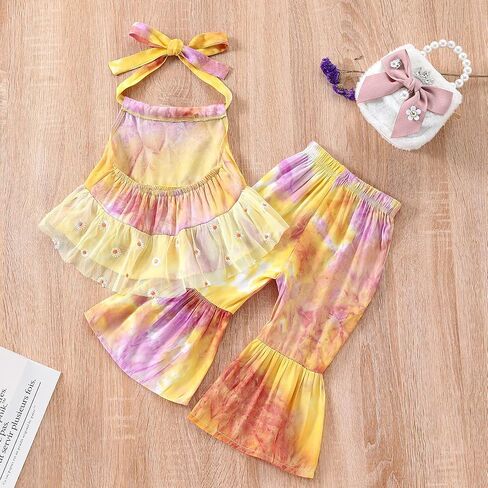 Toddler Baby Girl Summer Outfit Tie Dye Sleeveless Strap Top Dress Bell Bottoms Flare Pants 2Pcs Clothes Set in Kuwait