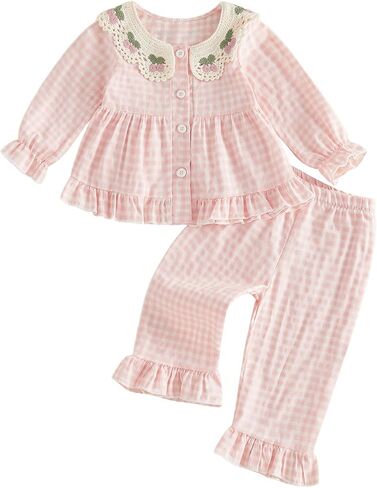 2pcs Peter Pan Collar Plaid Tops Gingham Pants Set Toddler Girl Fall Outfit | Toddler Baby Girl Outfit Cherry/Strawberry Doll Collar Gingham Dress Tops Plaid Pants Set Fall Winter Clothes in Kuwait